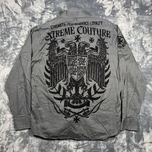 Xtreme Couture Button Down Shirt Mens XL Gray Graphic Back Flocked Eagle Y2K